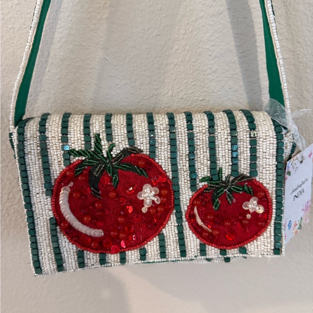 Made in India Green Stripe Tomato Beaded Shoulder Bag